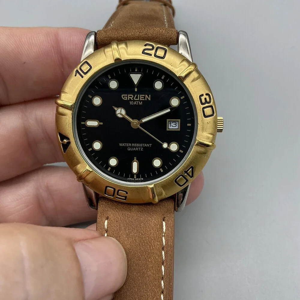 Gruen 321-2175 Mens Watch 40mm Gold Bezel Brown Leather Date New Battery